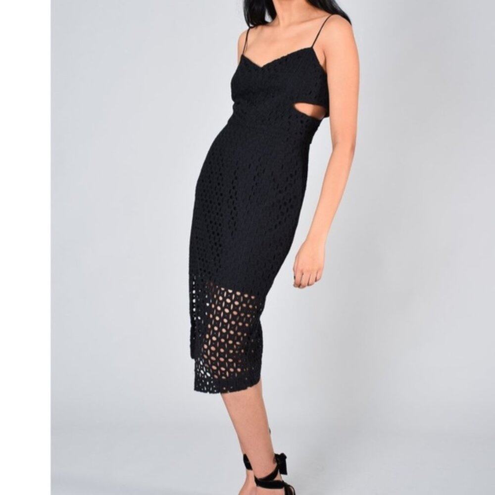 Nicholas | Midi Eyelet Cut Out Perforated Sheath Cocktail Dress Black Size 6